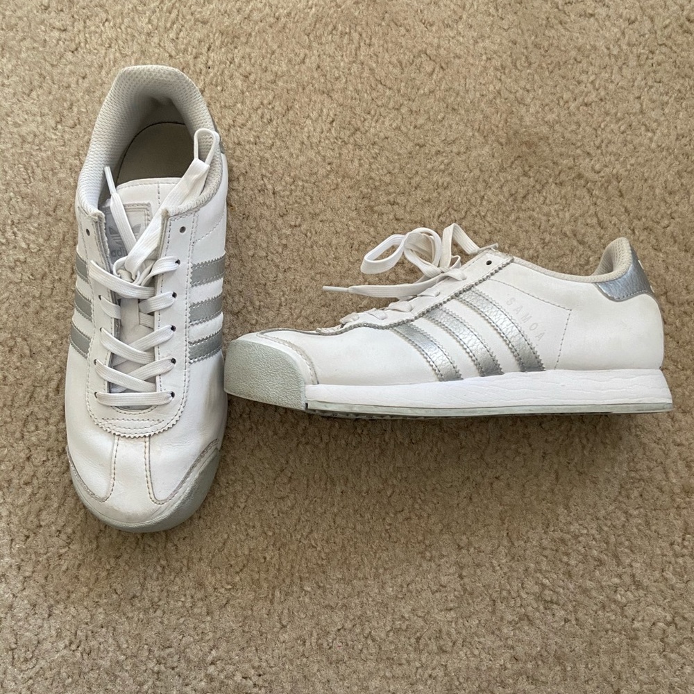 White and silver Adidas Samoa shoes